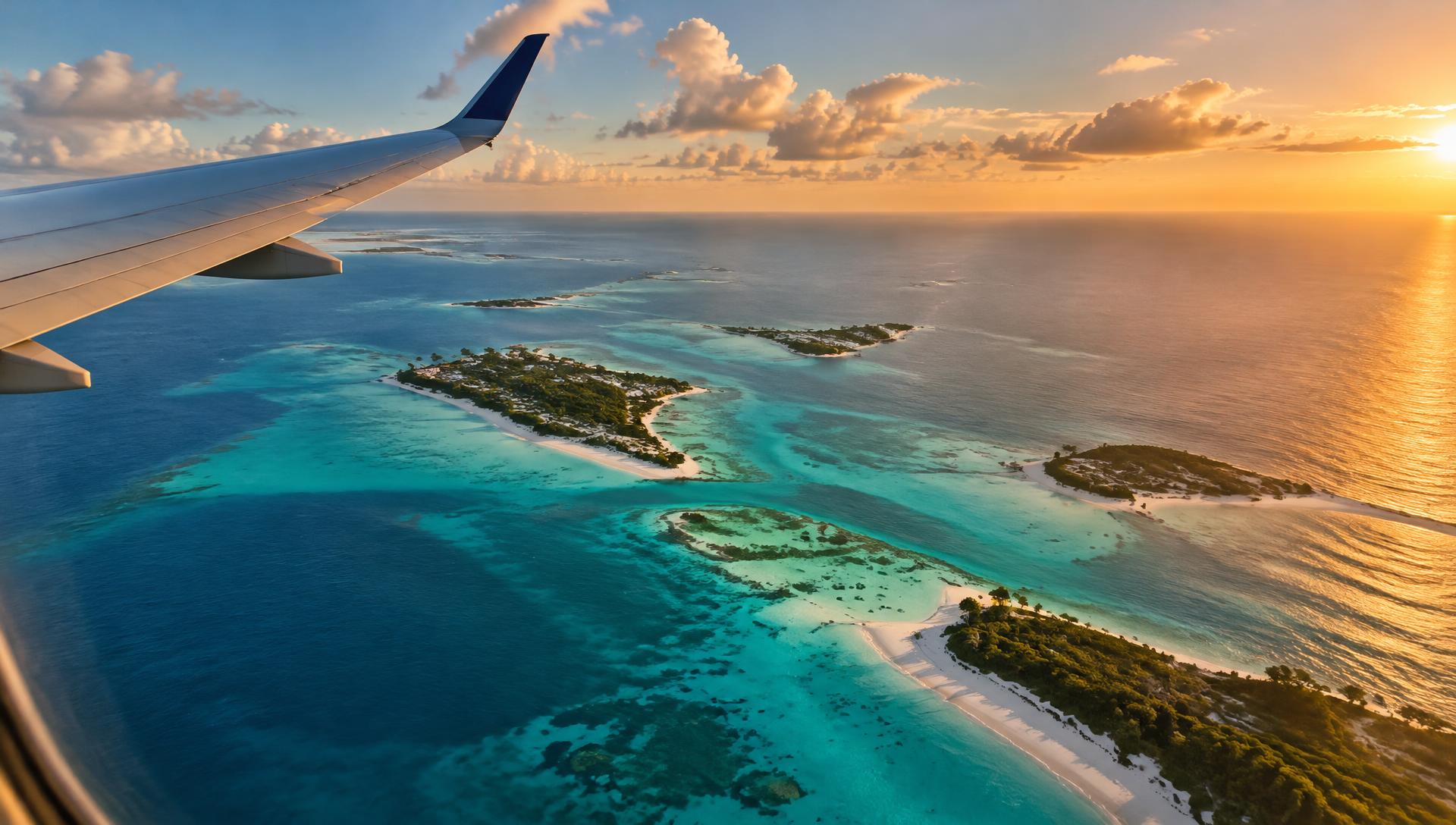 Vista desde el avión sobre islas del Caribe